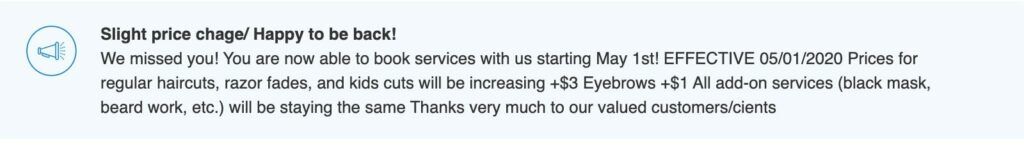 Announcement about price increase and service bookings effective May 1, 2020, for haircuts and add-ons.