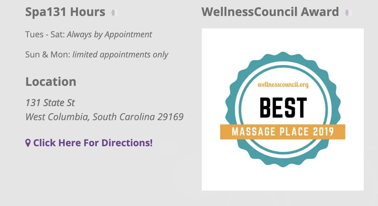 Spa hours and location details, plus WellnessCouncil award for Best Massage Place 2019 badge.