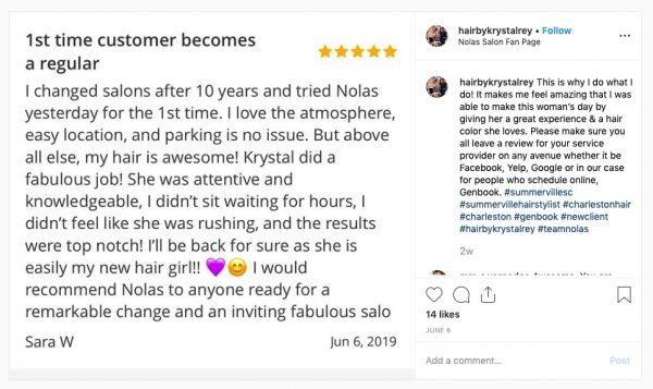 Customer review praising salon Nolas and stylist Krystal for excellent service and hair results.