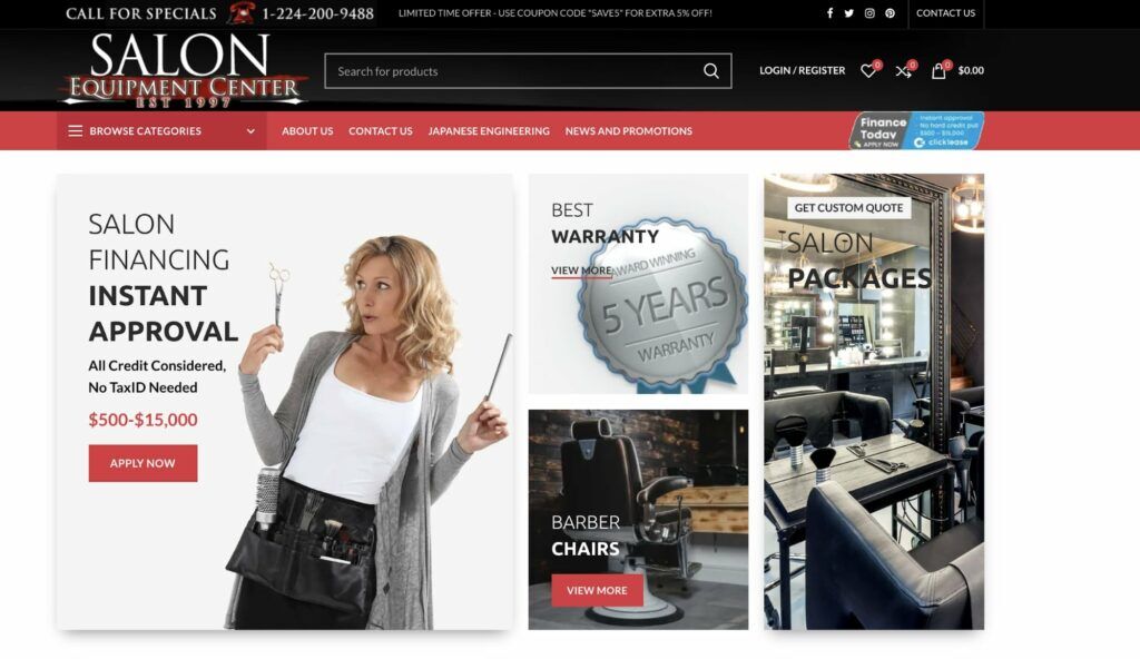 Salon financing ad with woman holding scissors and comb, 5-year warranty badge, barber chair, and salon interior.