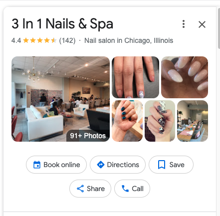 Google search result for 3 In 1 Nails & Spa, showing salon interior and nail art photos.