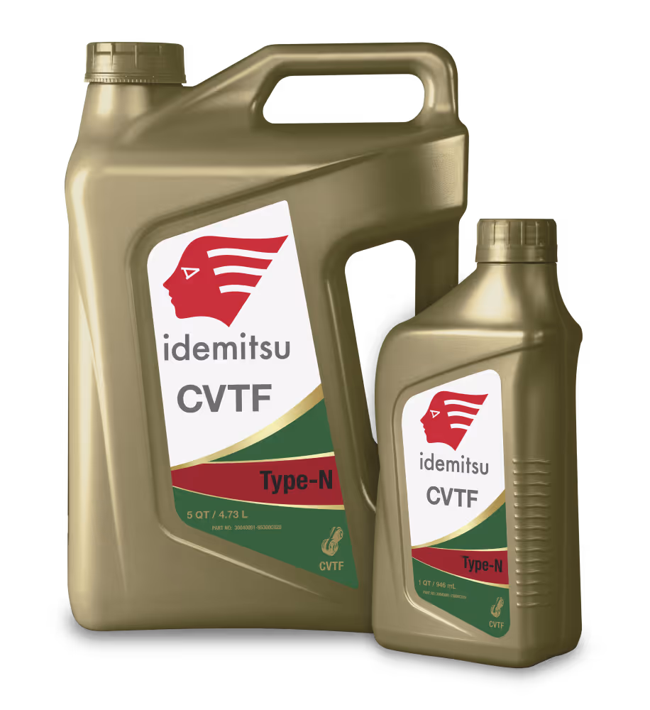 Two gold containers of Idemitsu CVTF Type-N automotive fluid, with one container holding 5 quarts and the smaller one holding 1 quart.