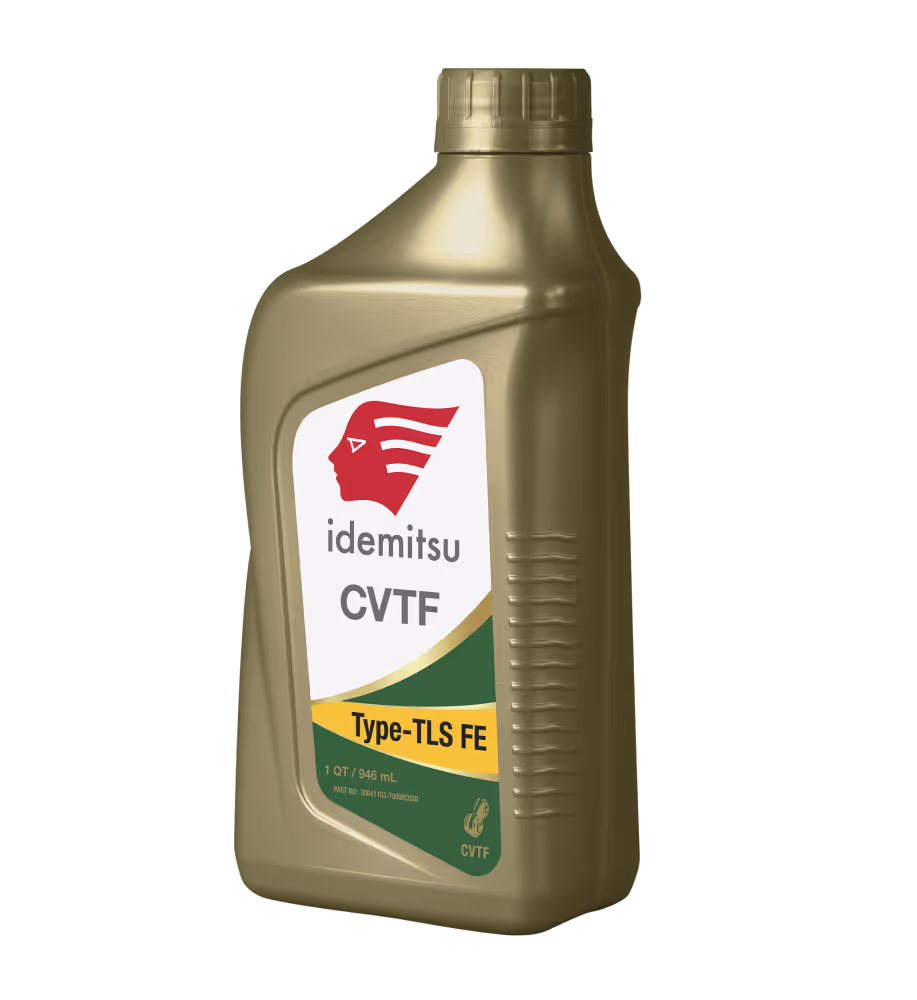 Gold-colored 1-quart container of Idemitsu CVTF Type-TLS FE fluid with product label.