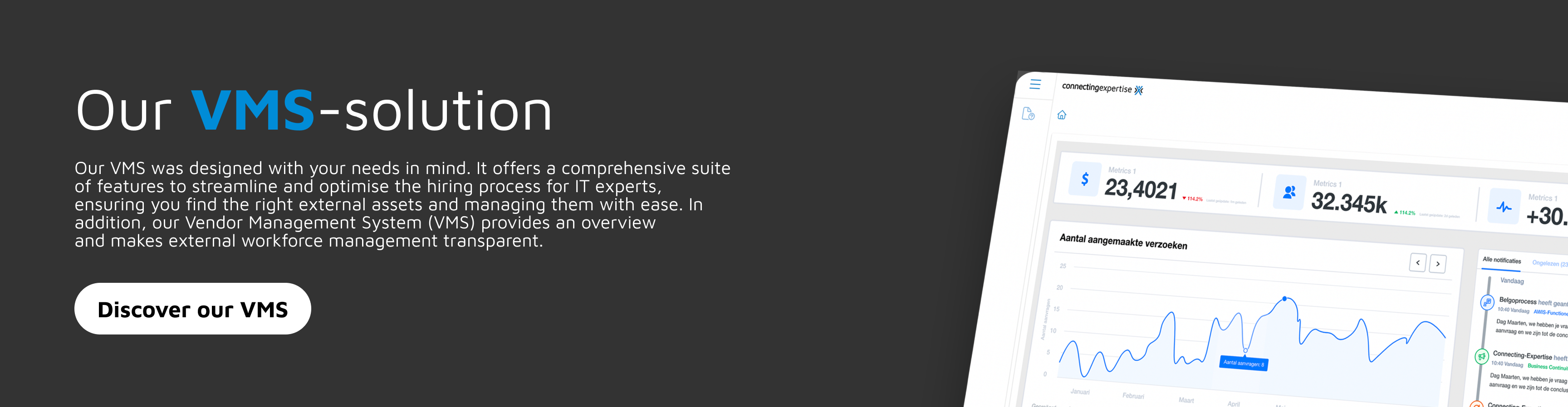 Our VMS solution Our VMS was designed with your needs in mind. It offers a comprehensive suite of features to streamline and optimise the hiring process for IT experts, ensuring you find the right external assets and managing them with ease. In addition, our Vendor Management System (VMS) provides an overview and makes external workforce management transparent.  Discover our VMS