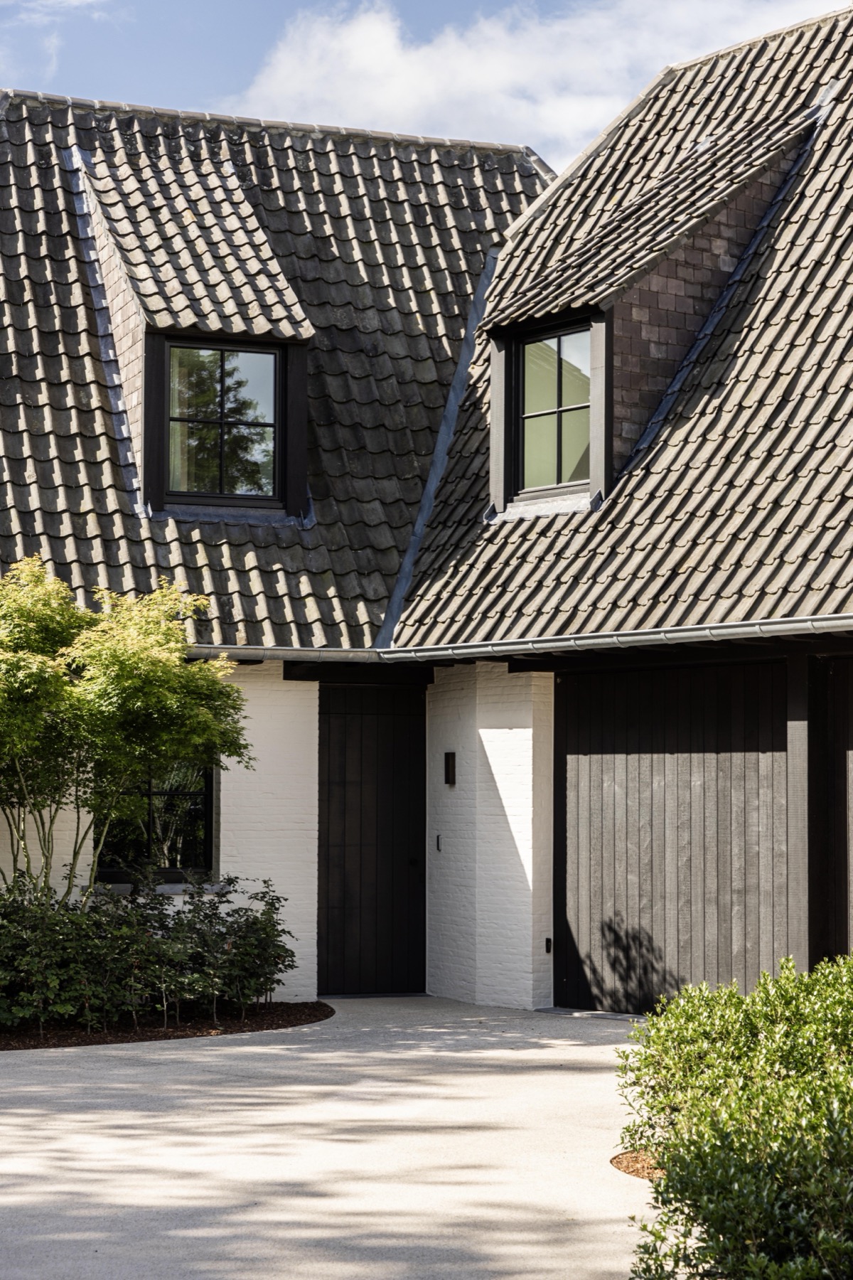 Hoek van de woning met donkere houten gevelbekleding
