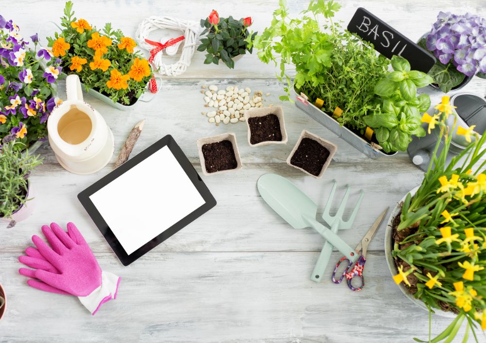 Gardening tools and flowers arranged on a wooden table, showcasing a sensory garden kit.