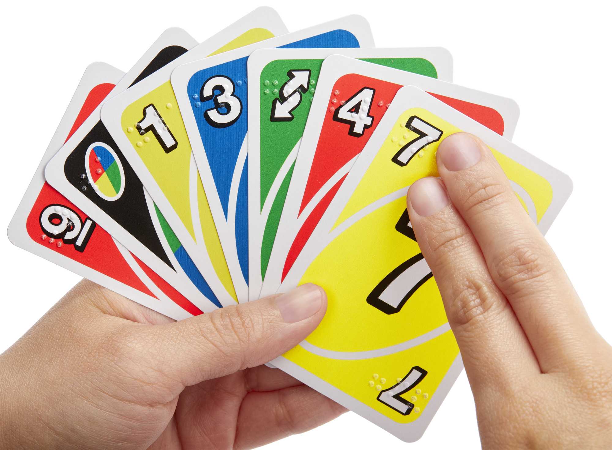 An inclusive Uno with braille cards, allowing visually impaired individuals to play using braille.