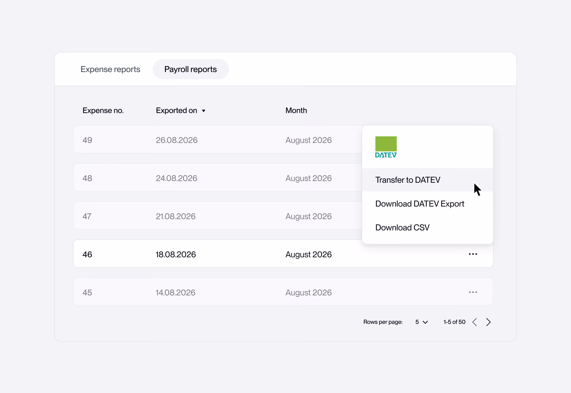 Payroll reports list in the Circula app, displaying expense numbers, export dates, months, and options to transfer or download data.