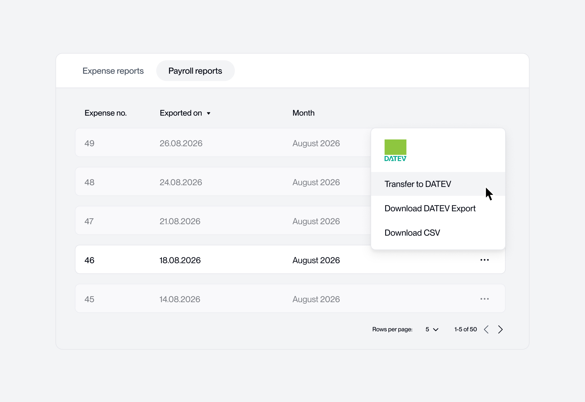 Payroll reports list in the Circula app, displaying expense numbers, export dates, months, and options to transfer or download data.