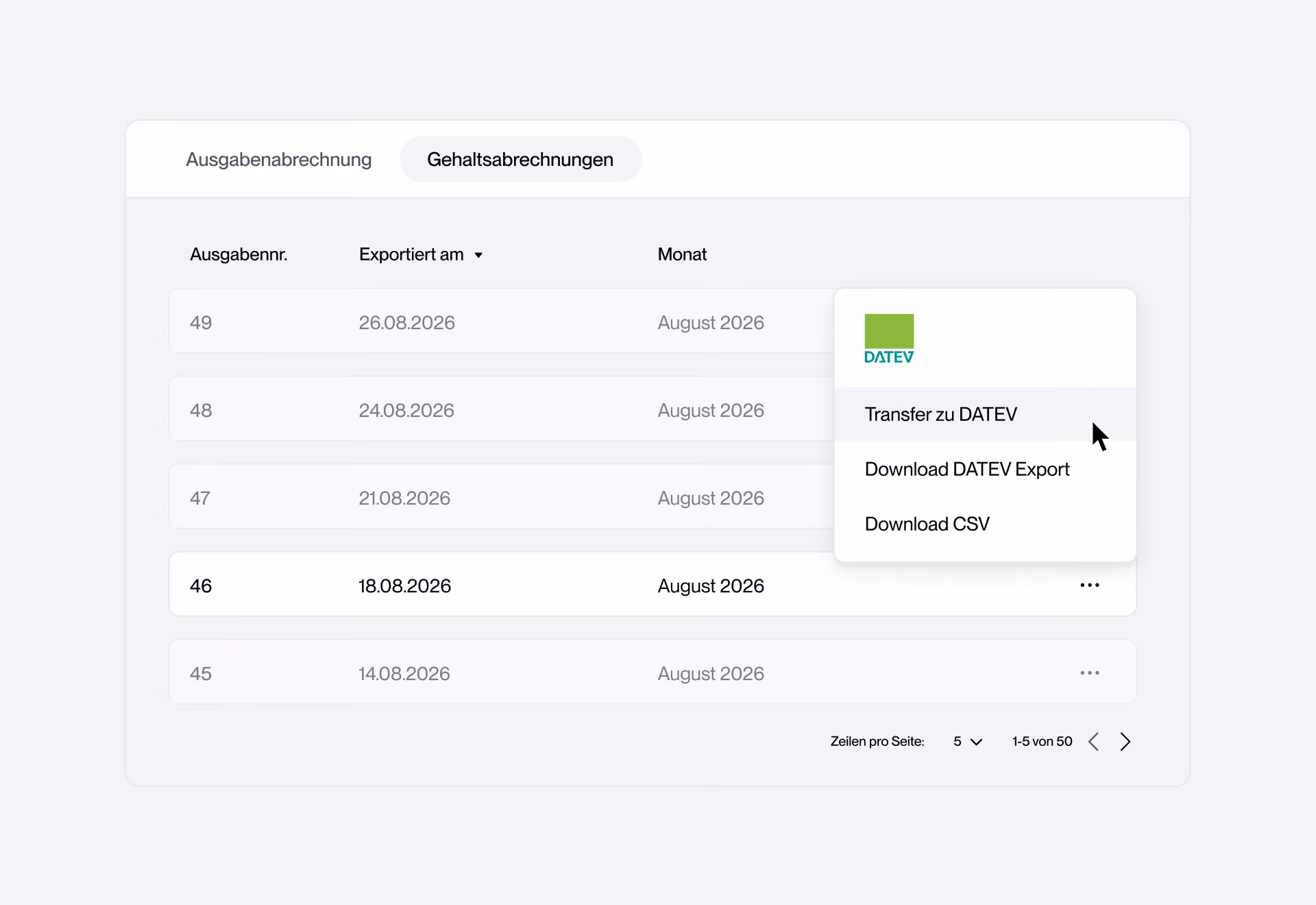 Circula App zeigt Ausgabenabrechnung mit Optionen für DATEV-Export und CSV-Download.