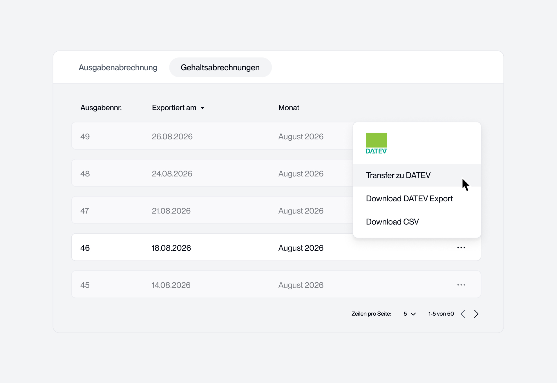 Circula App zeigt Ausgabenabrechnung mit Optionen für DATEV-Export und CSV-Download.