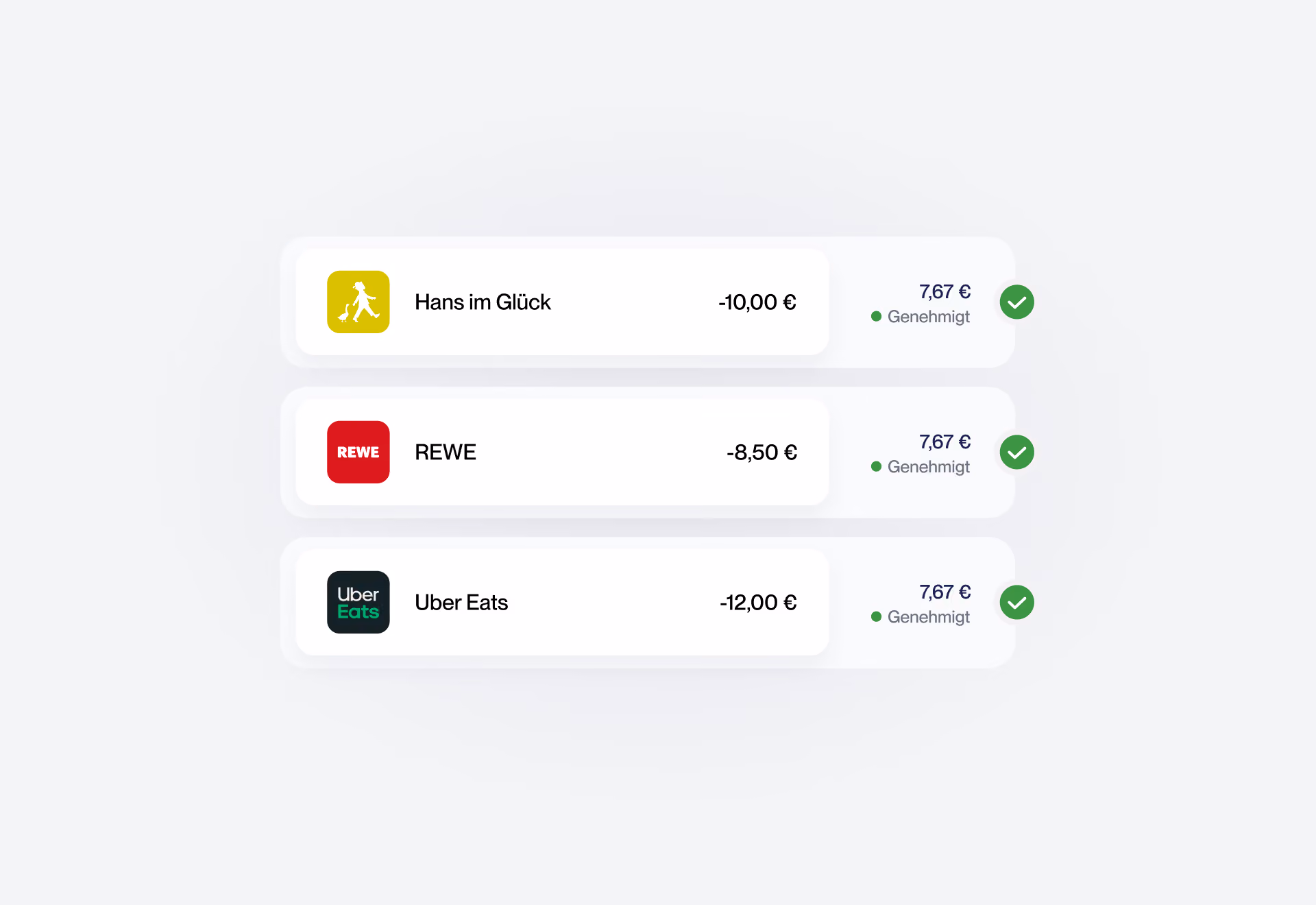 Drei genehmigte Ausgaben: Hans im Glück 10 €, REWE 8,50 €, Uber Eats 12 €, alle 7,67 € erstattet.