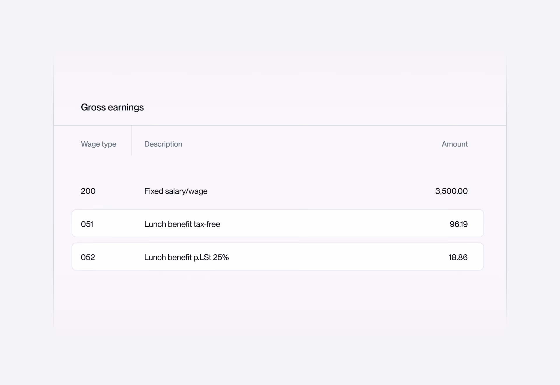The Circula app displays gross earnings details, showing wage type, description, and amounts for salary and lunch benefits.