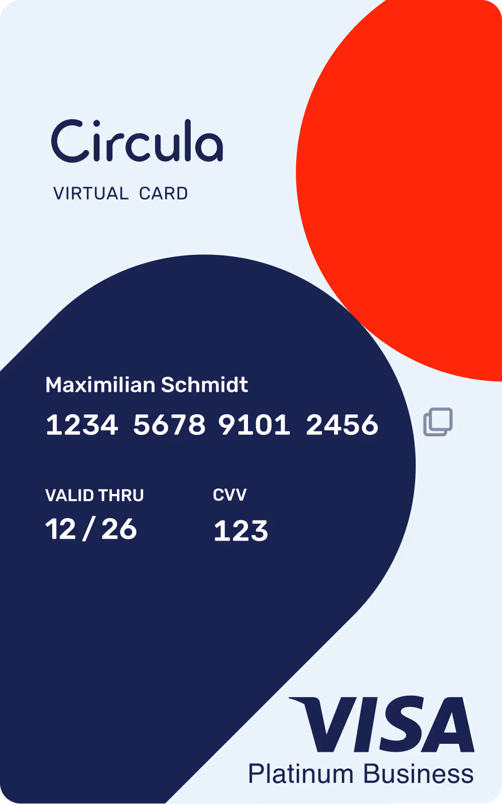 Eine virtuelle Circula Visa-Karte, die auf dem Bildschirm den Namen Maximilian Schmidt anzeigt, mit Kartennummer, Gültigkeitsdatum, CVV und Logo.