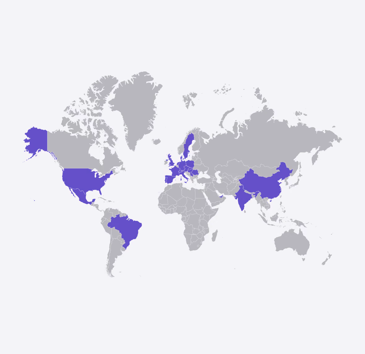 Weltkarte mit ausgewählten Ländern in Lila: USA, Brasilien, Mexiko, Europa, China und Indien.