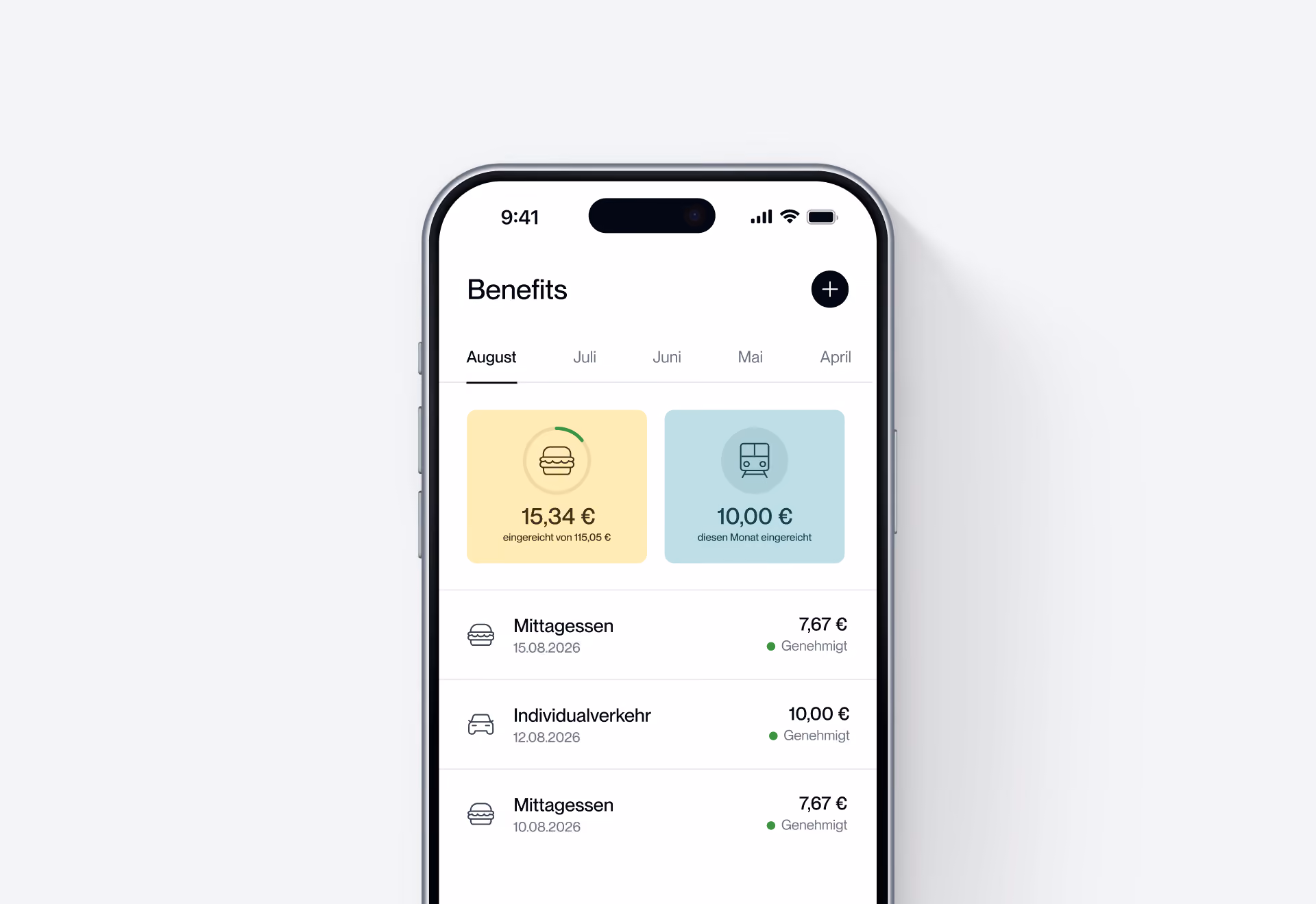 Smartphone zeigt eine App-Seite mit Essens- und Verkehrsvorteilen für August, inklusive genehmigter Einträge.