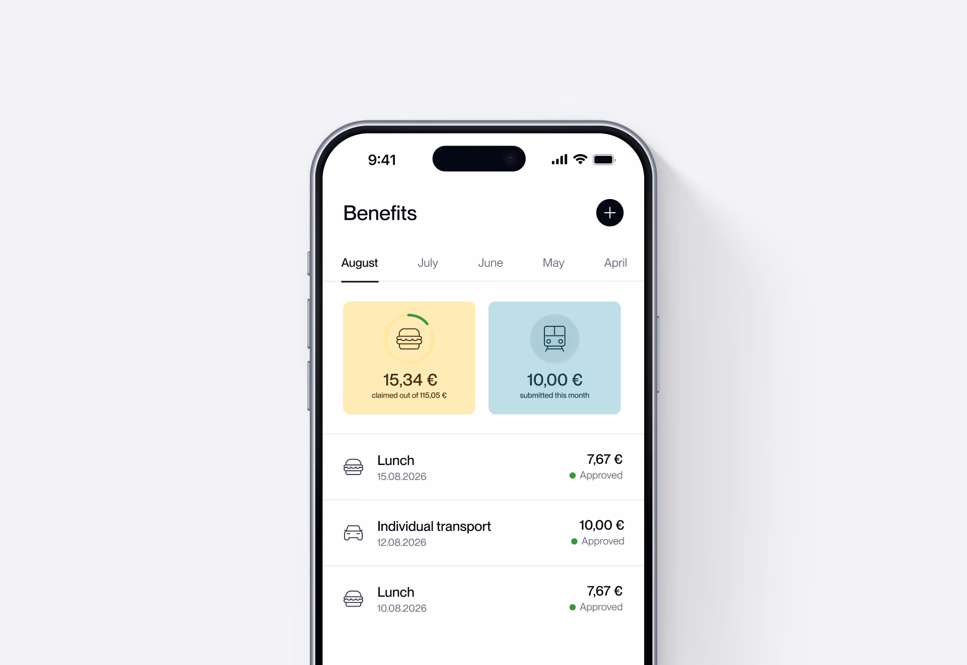App-Bildschirm zeigt Benefits mit Essens- und Transportkosten in Euro, Monatsübersicht August.