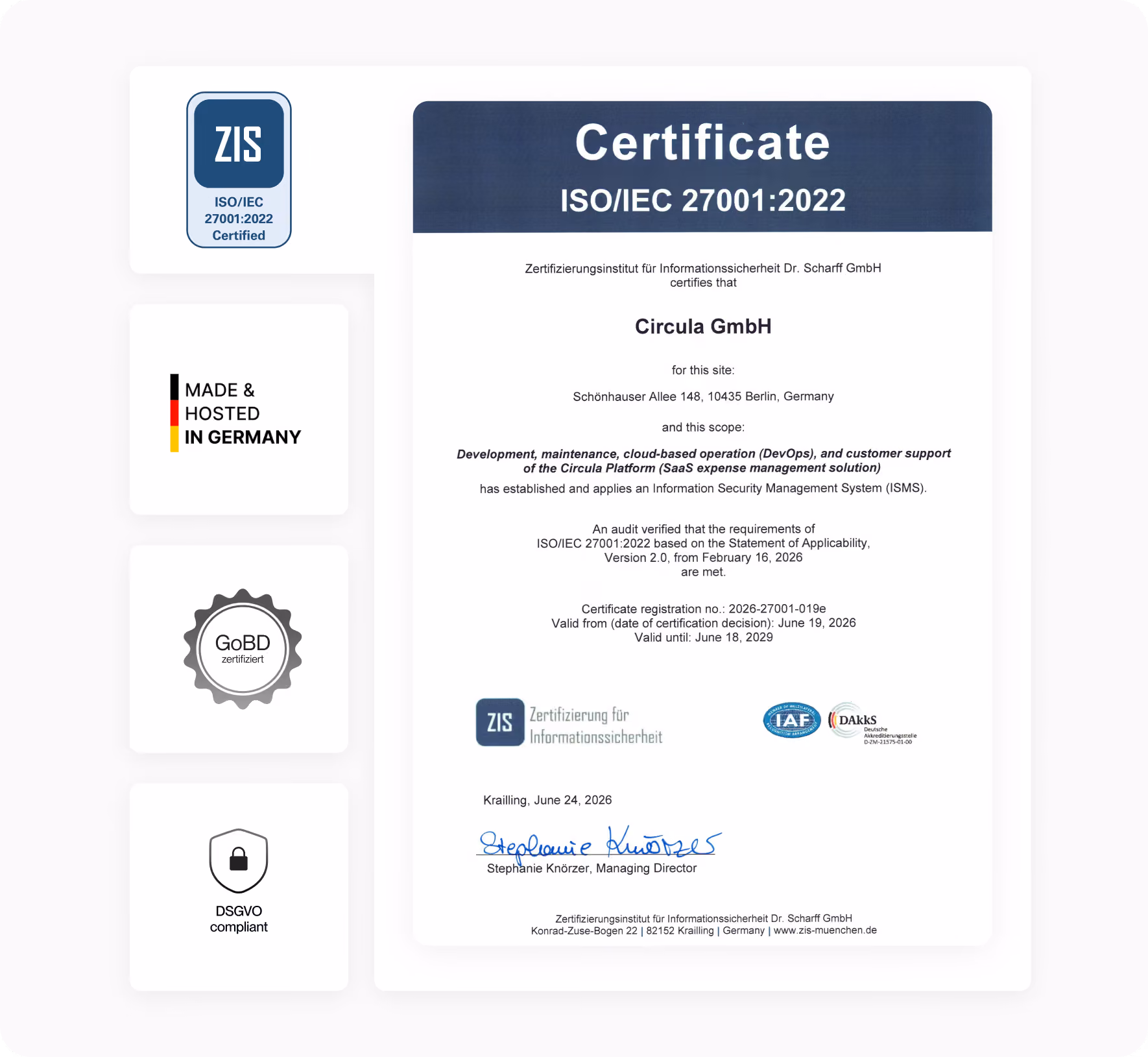 ISO/IEC 27001:2022 Zertifikat der Circula GmbH für Informationssicherheitsmanagement in Berlin, Deutschland.
