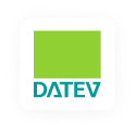 DATEV Firmenlogo mit grünem Quadrat oben und blauem Text darunter.
