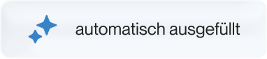 Blaues Symbol mit zwei funkelnden Sternen neben dem Text „automatisch ausgefüllt“ auf einem hellen, abgerundeten Hintergrund.