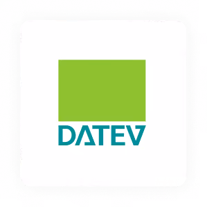 DATEV Firmenlogo mit grünem Quadrat und blauem Schriftzug darunter.