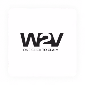W2V logo with the tagline 'One click to claim' centered on a white square background.