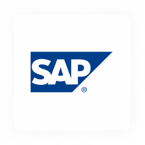 SAP Firmenlogo in weißer Schrift auf blauem dreieckigem Hintergrund.