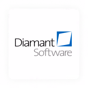 Diamant Software Logo mit einem blauen Quadrat mit weißem schrägen Inneren neben dem schwarz-grauen Text "Diamant Software".