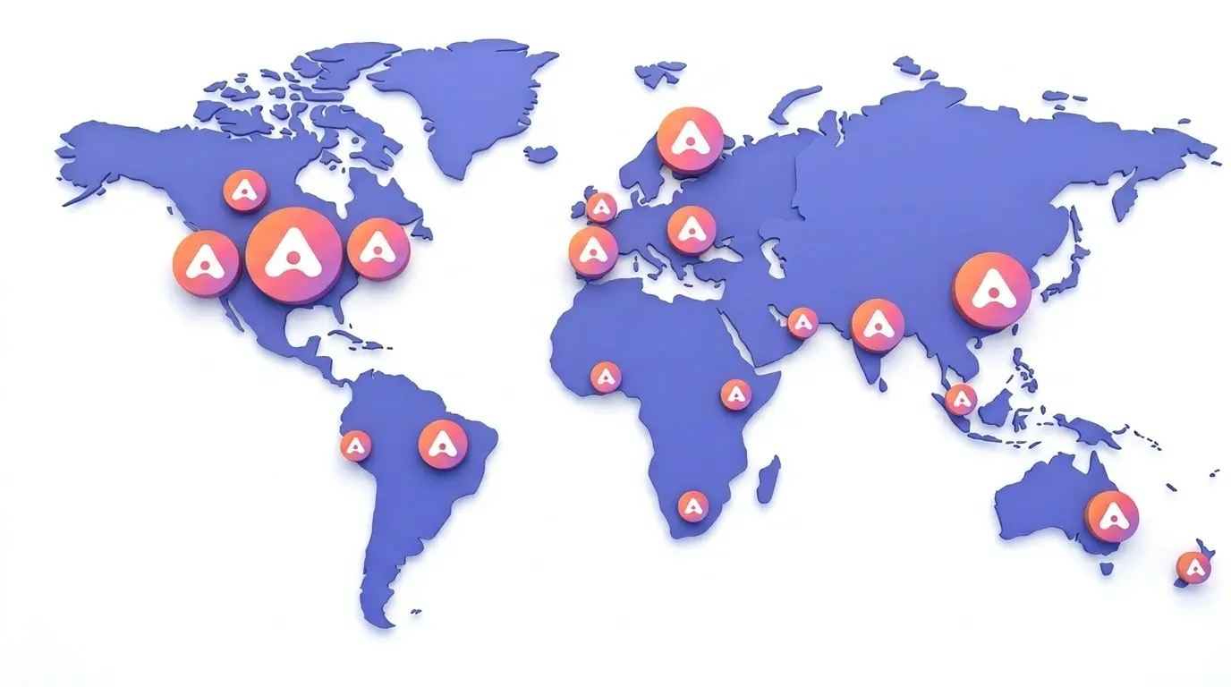 World map showing Amplifiles active users across 75+ countries worldwide