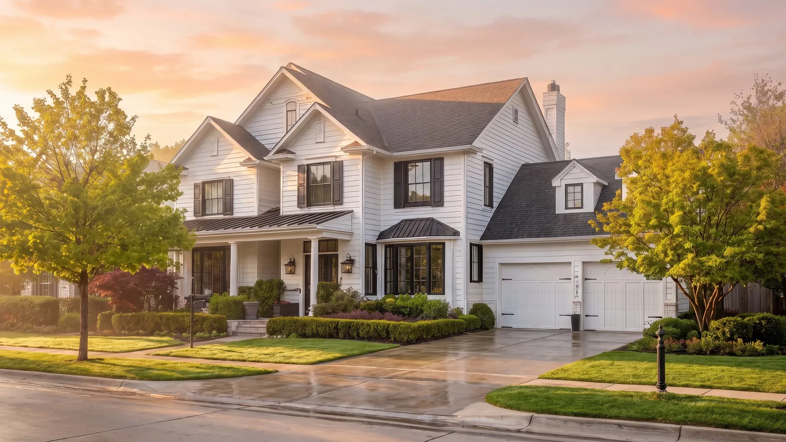 White two-story house at sunrise with soft peach sky