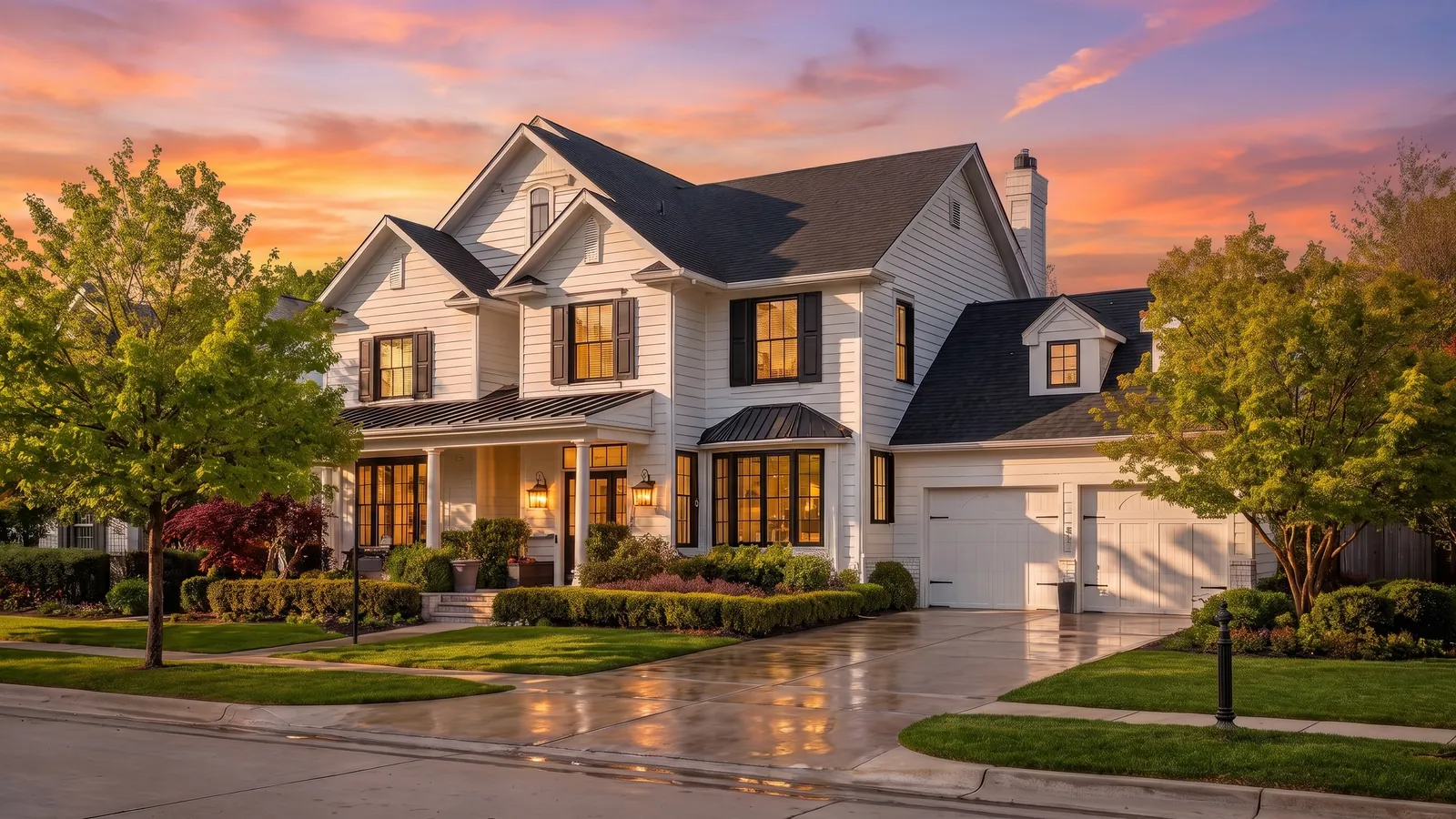 The same house at sunset with an orange and pink sky and porch lights on