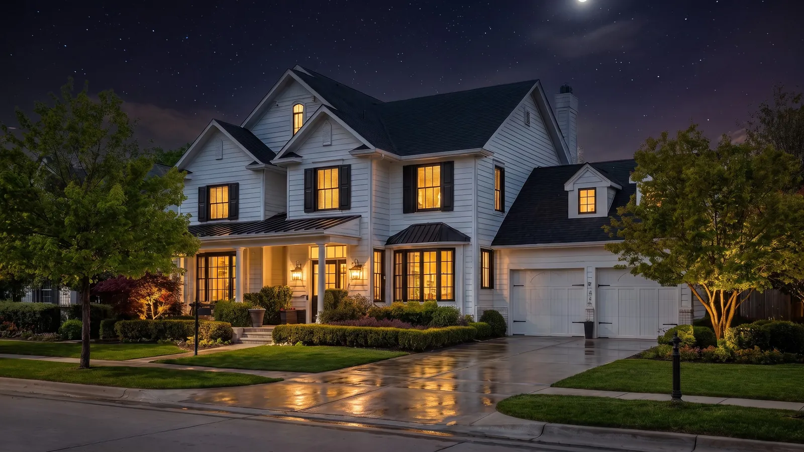 The same house at night under a starry sky with a bright moon