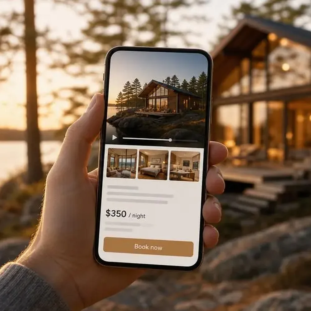 A guest watching a property video on a listing page, with the cabin behind them