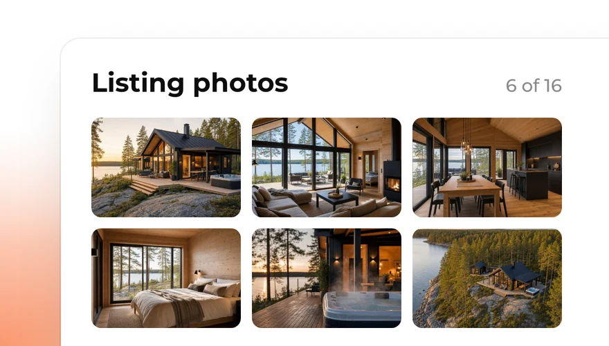 Six listing photos of a lakeside cabin added to a done-for-you order