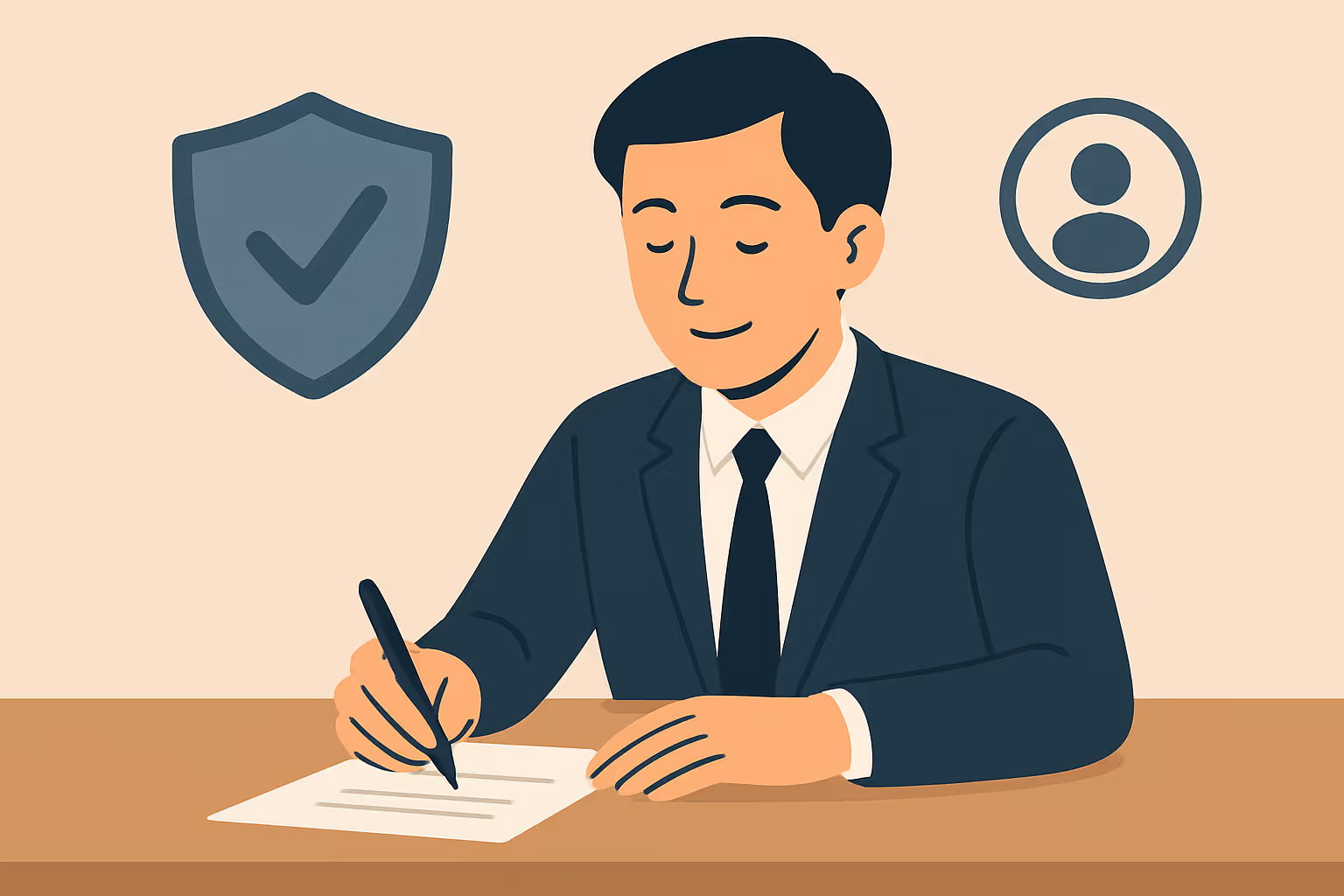 Seorang lelaki memakai sut menulis pada sehelai kertas dengan ikon perisai cek dan ikon profil pengguna di latar belakang.