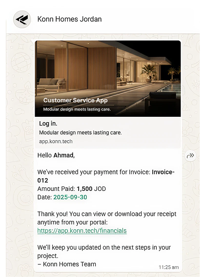 WhatsApp message from Konn Homes Jordan confirming payments with a link to view the receipt and next steps update promise.