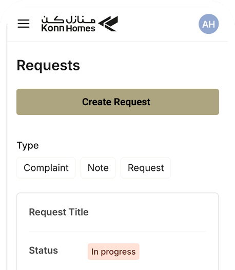 Mobile app screen showing the Konn Homes Requests page with options to create a request, select type (Complaint, Note, Request), and status marked as In progress.