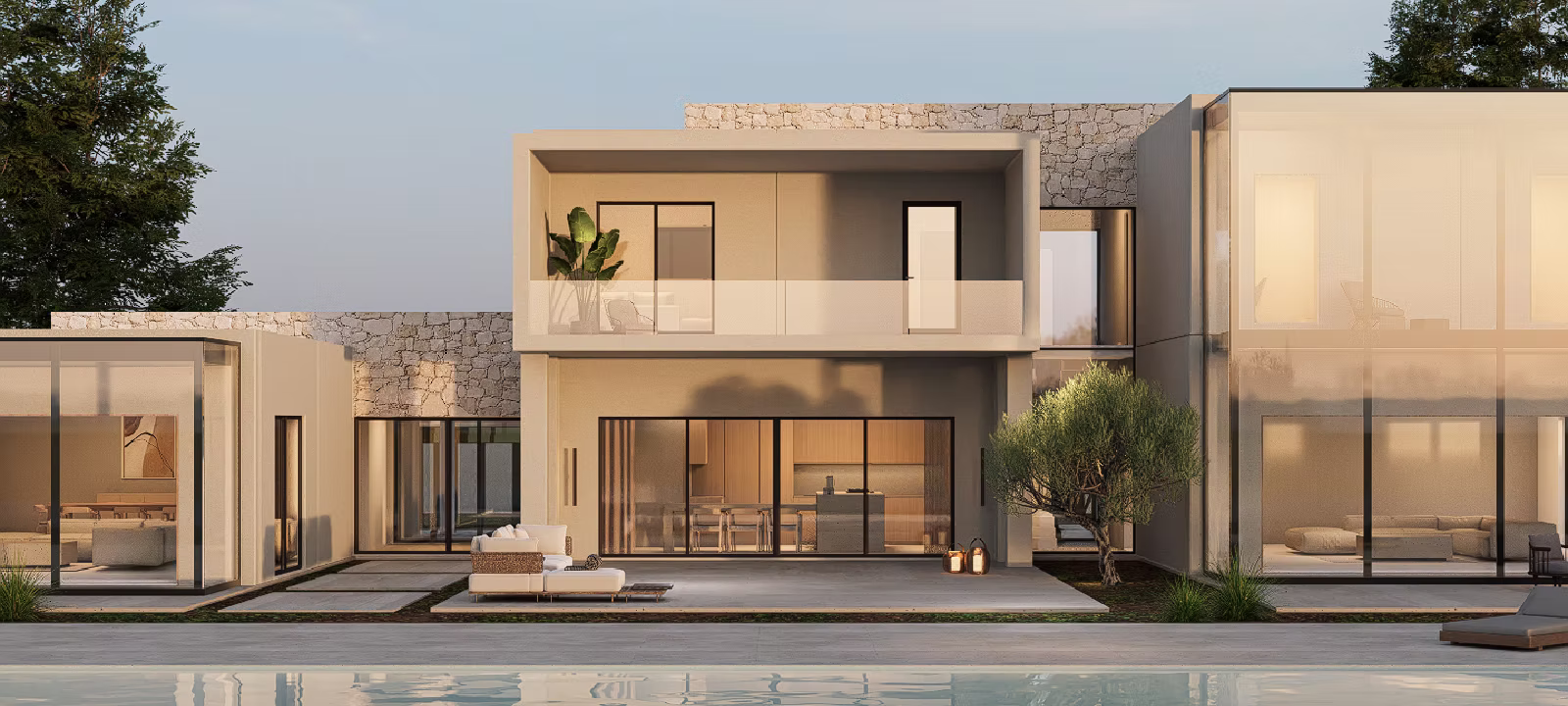 Modern luxury home with large glass windows, a balcony with a plant, outdoor seating area, and a swimming pool in front.
