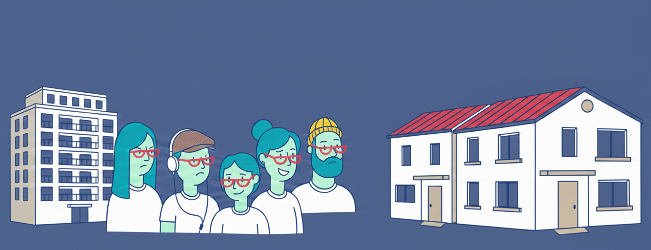 persone guardano villetta a schiera a destra o condominio a sinistra