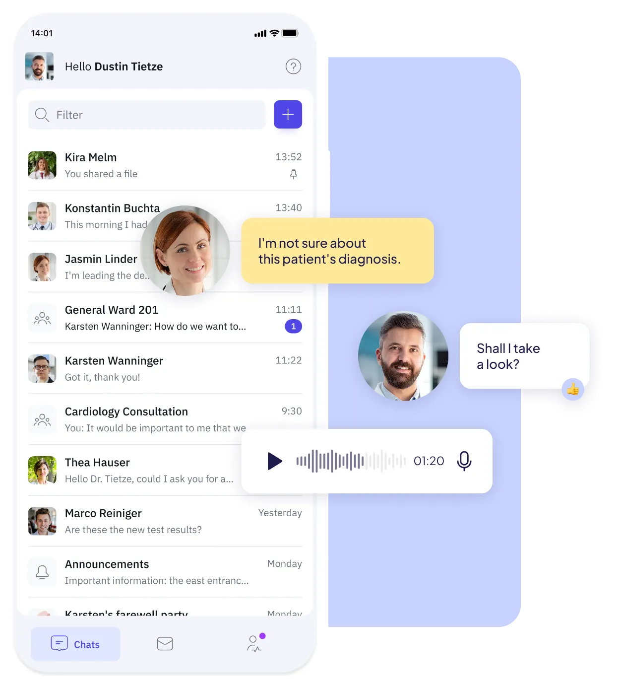 App-Oberfläche des Famedly TI-Messengers, die zeigt, wie medizinisches Personal in Echtzeit über die Diagnose eines Patienten kommuniziert. Ein Text- und Audio-Nachrichtenaustausch zwischen zwei Benutzern wird dargestellt.