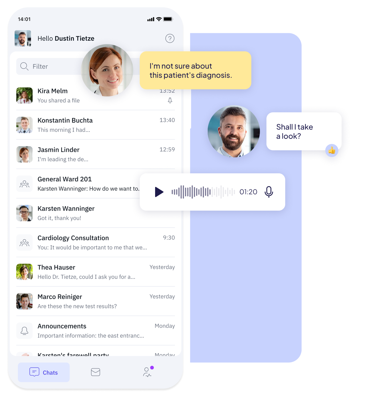 App-Oberfläche des Famedly TI-Messengers, die zeigt, wie medizinisches Personal in Echtzeit über die Diagnose eines Patienten kommuniziert. Ein Text- und Audio-Nachrichtenaustausch zwischen zwei Benutzern wird dargestellt.
