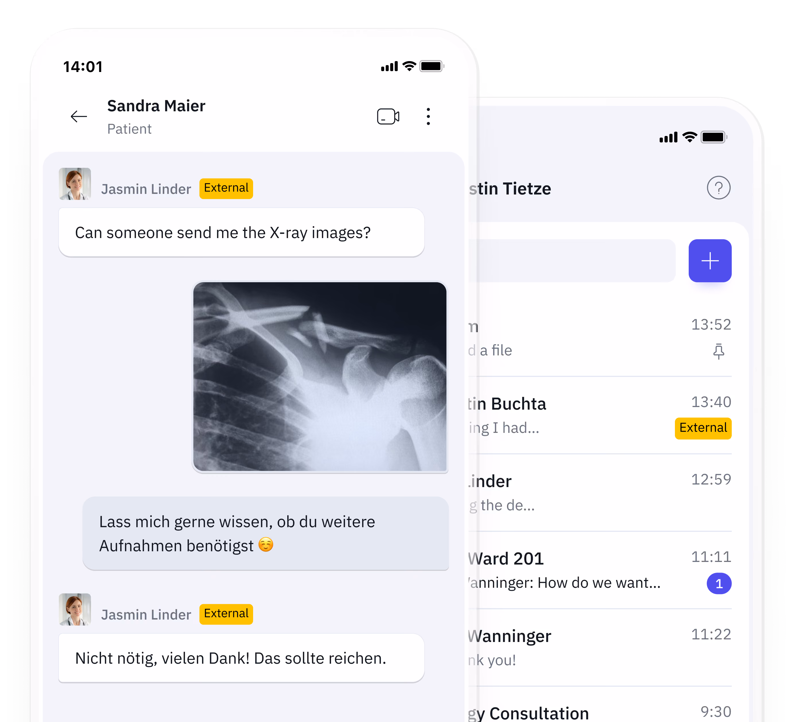 Famedly TI-Messenger zeigt asynchronen Austausch von Text- und Bildnachrichten, um Missverständnisse über Schichten hinweg zu vermeiden.