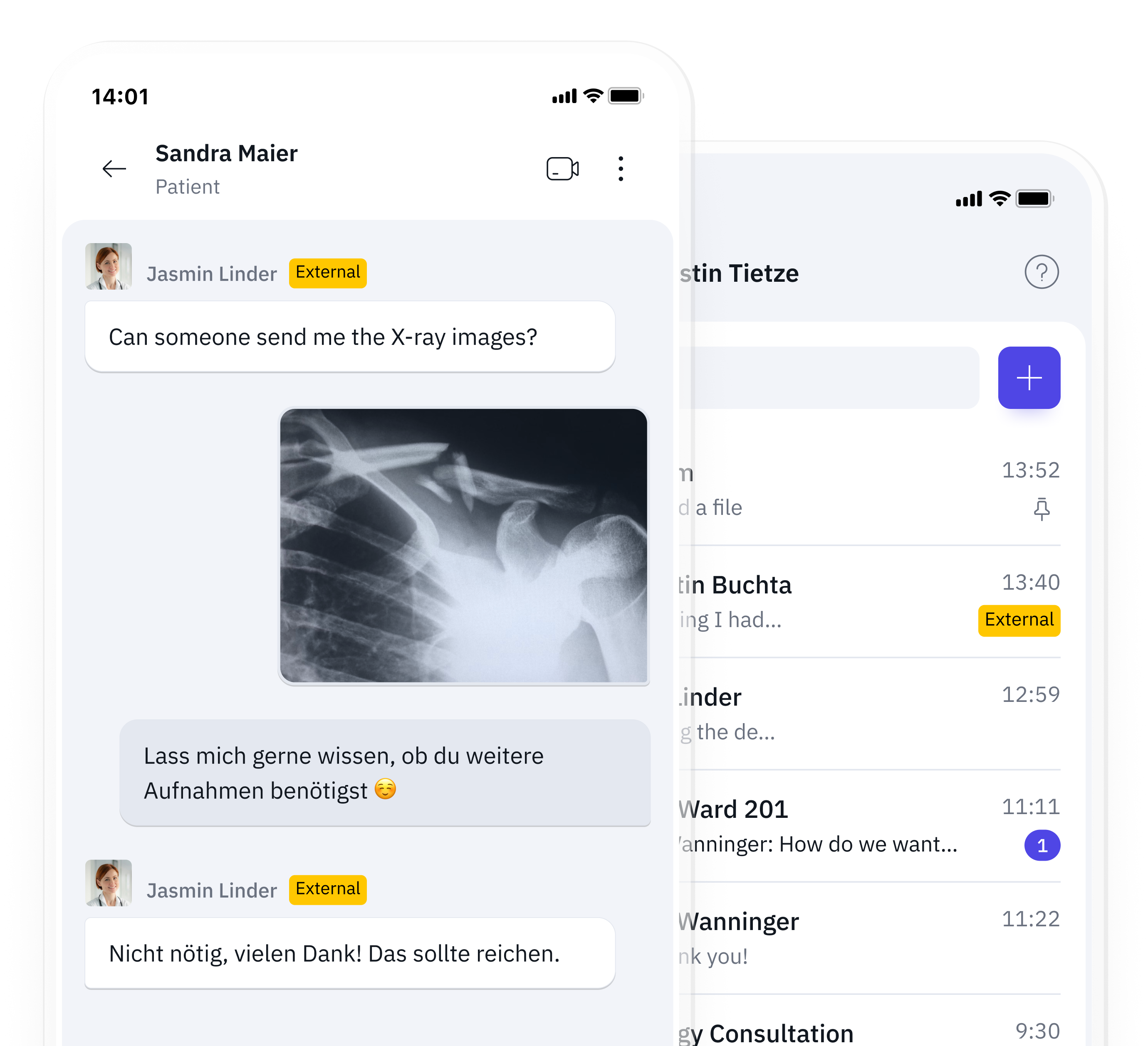 Famedly TI-Messenger zeigt asynchronen Austausch von Text- und Bildnachrichten, um Missverständnisse über Schichten hinweg zu vermeiden.