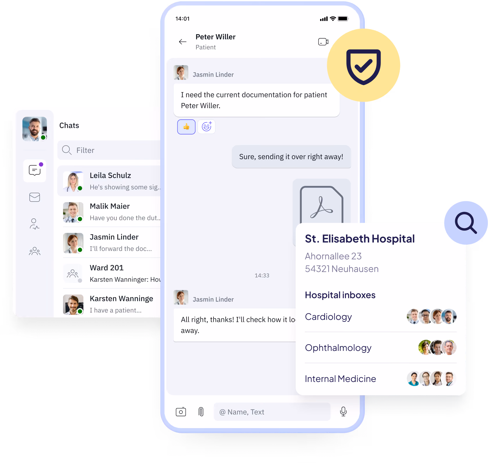 Famedly TI-Messenger zeigt die Kommunikation zwischen medizinischem Personal in einem Krankenhaus, mit Suchfunktion für Klinikpostfächer und sicherem Austausch von Patientendokumentationen.