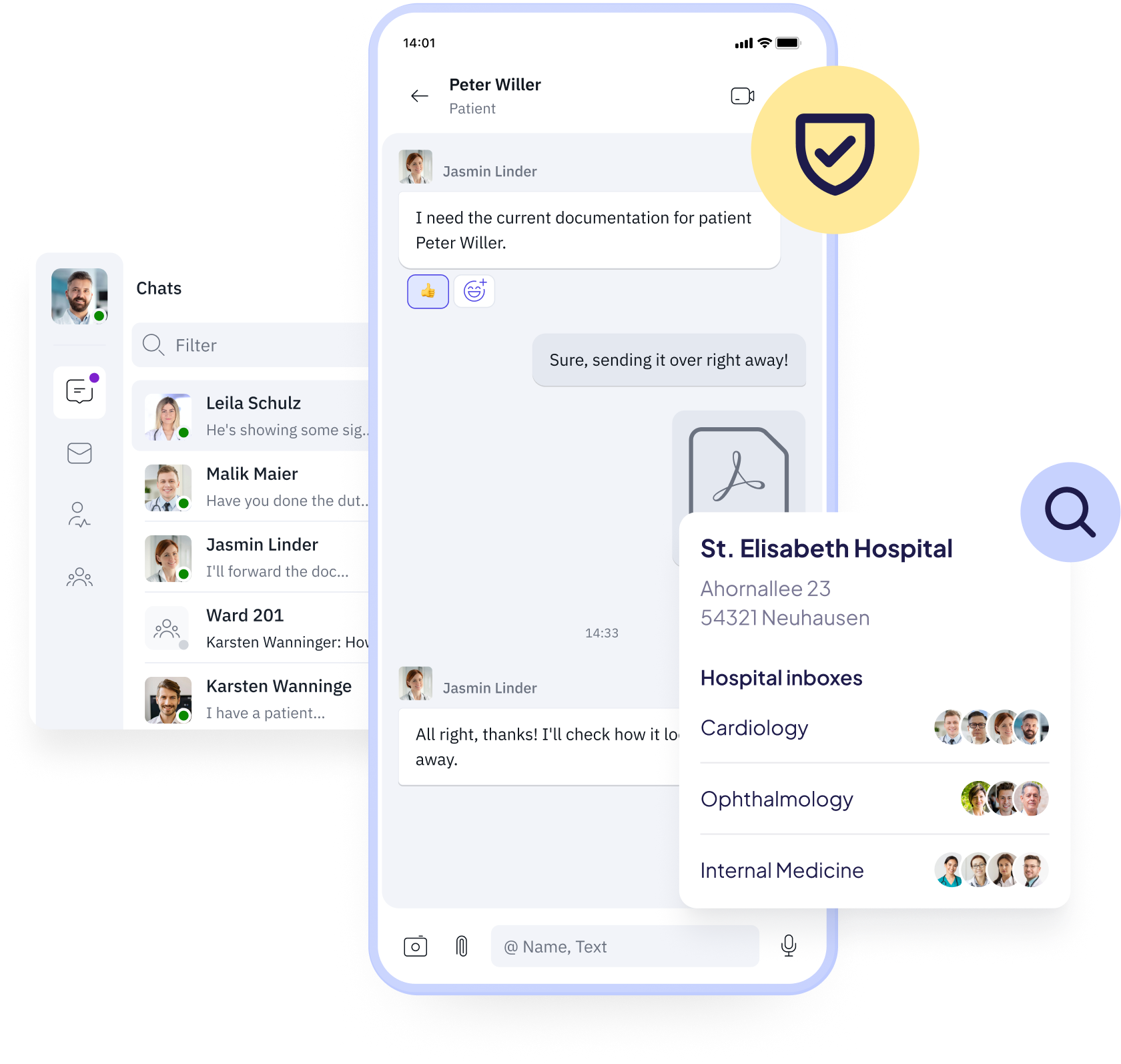 Famedly TI-Messenger zeigt die Kommunikation zwischen medizinischem Personal in einem Krankenhaus, mit Suchfunktion für Klinikpostfächer und sicherem Austausch von Patientendokumentationen.