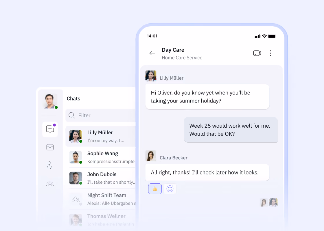 Famedly TI-Messenger zeigt Gruppenchat zur Abstimmung von Aufgaben wie Urlaubsplanung und Dienstfahrzeug-Inspektionen, um die Kommunikation im Team zu vereinfachen.