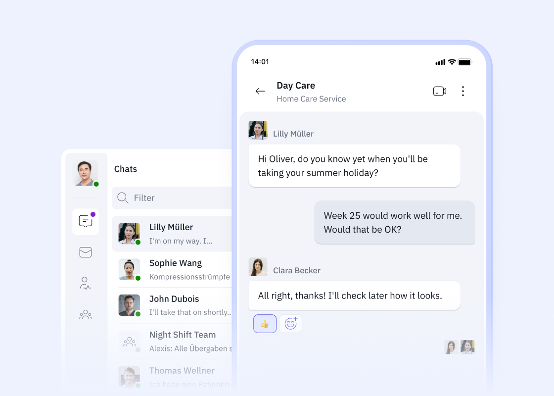 Famedly TI-Messenger zeigt Gruppenchat zur Abstimmung von Aufgaben wie Urlaubsplanung und Dienstfahrzeug-Inspektionen, um die Kommunikation im Team zu vereinfachen.