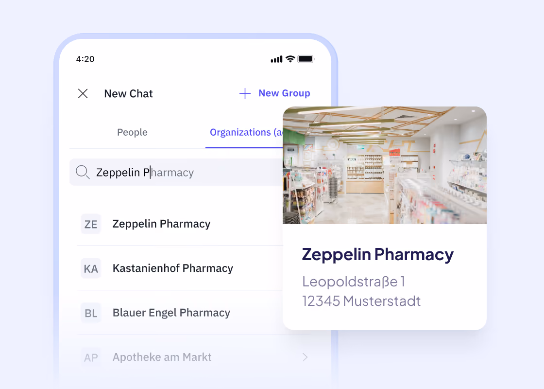 Famedly TI-Messenger zeigt die Suchfunktion, um Apotheken wie die Zeppelinapotheke direkt für die Kommunikation und Zusammenarbeit auszuwählen.