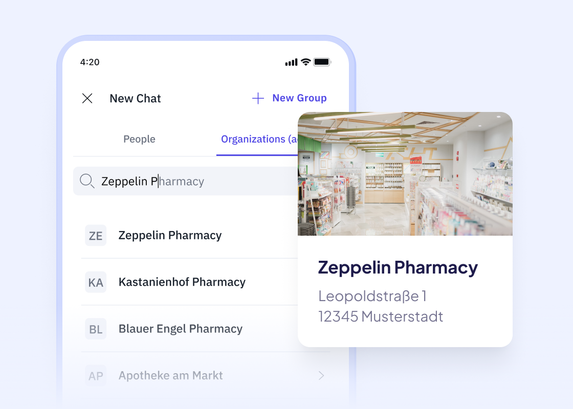 Famedly TI-Messenger zeigt die Suchfunktion, um Apotheken wie die Zeppelinapotheke direkt für die Kommunikation und Zusammenarbeit auszuwählen.