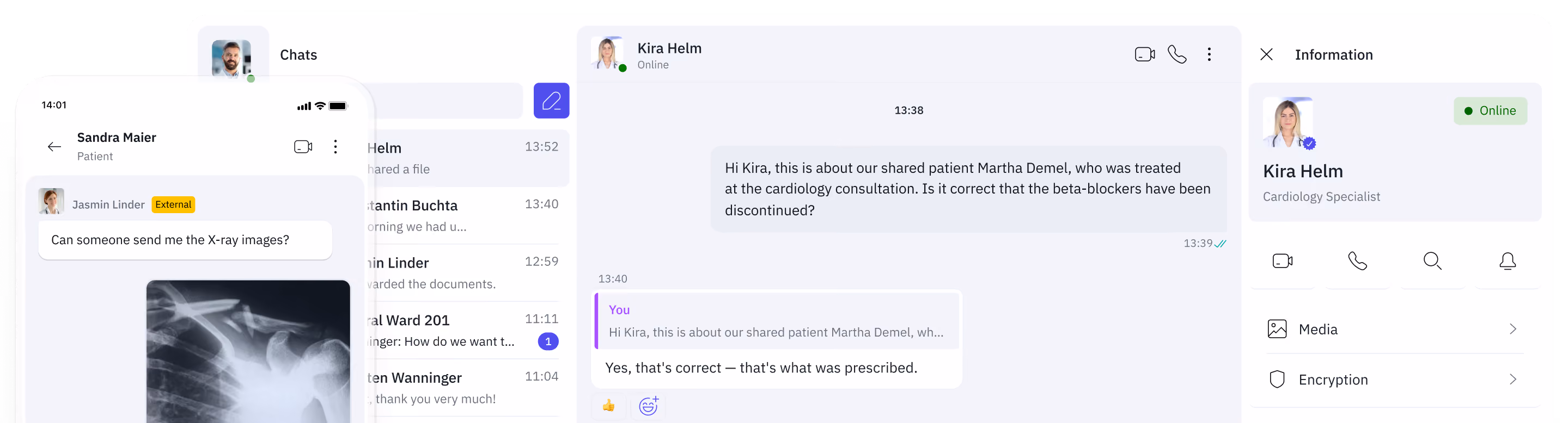 Benutzeroberfläche des Famedly TI-Messengers, die zeigt, wie medizinisches Personal in Echtzeit über Patienteninformationen, einschließlich Röntgenbildern und Medikation, kommuniziert.